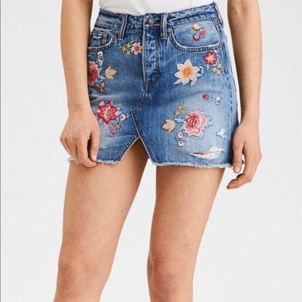AE Denim Slirt with Floral Embroidery